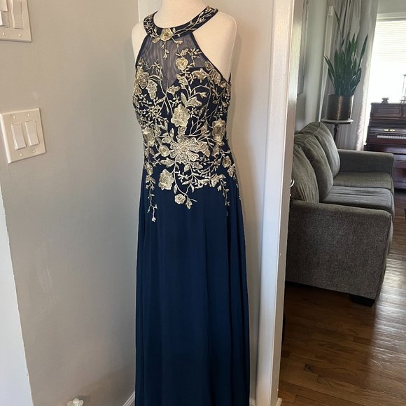 Full Length Blue Formal Dress with Gold design - Picture 1 of 3